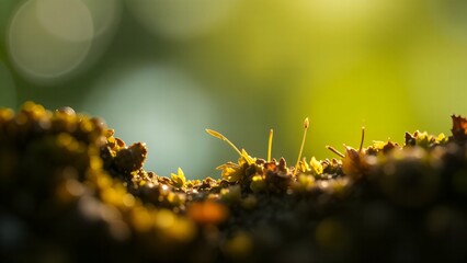 Close-up macro of a vibrant green sprout plant among the moss wild grass plant vegetation under illuminated bokeh bright green light background, showcasing its natural beauty