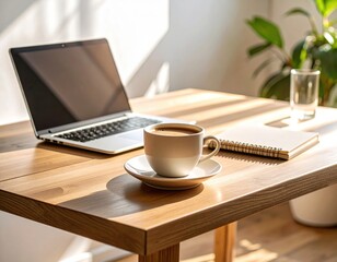 Cozy Workspace with Coffee, Laptop, and Notebook on a Sunlit Wooden Table