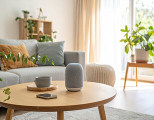 Modern Living Room with Smart Speaker, Plants, Cozy Couch, and Natural Light