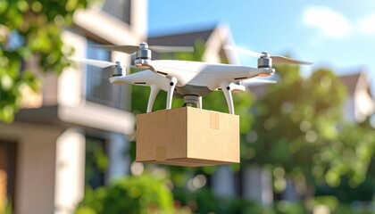 Delivery Drone Flying Above Houses with Box Package in Urban Environment