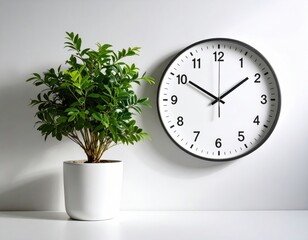 Modern Interior Decor with Clock and Indoor Plant on Minimalist Wall Background