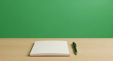A blank green chalkboard with a pencil on a wooden desk awaits a new lesson, perfect for school or classroom education