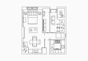 Simple line drawing floor plan of a modern studio apartment layout