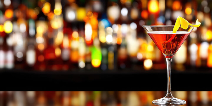 Refreshing cocktail with lemon twist against a vibrant bar backdrop
