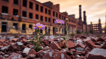Flowers grow against the backdrop of an abandoned, ruined factory. Hope and life concept.