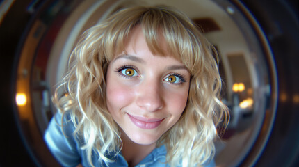 A young woman looks into the camera with a fisheye effect.