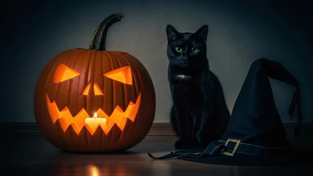 Halloween attributes including a carved pumpkin, black cat, and witch's hat, creating a spooky atmosphere