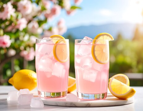 Refreshing pink lemonade in glasses