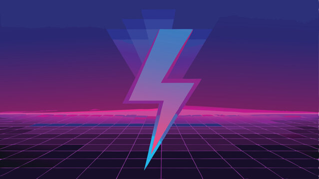 Retro futuristic illustration of a lightning bolt with a grid perspective and gradients