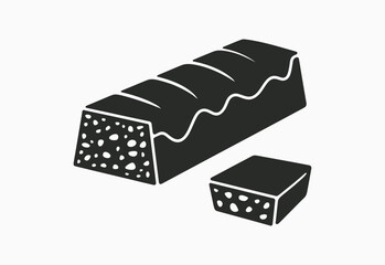 Stylized dark gray silhouette of a chocolate bar with a bite taken out