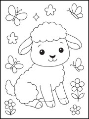 Fototapeta premium Lamb Coloring Page for Kids. Cute baby sheep with butterflies and flowers.