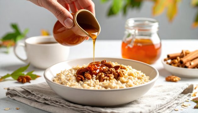Honey Drizzled Oatmeal With Nuts And Cinnamon - Powered by Adobe