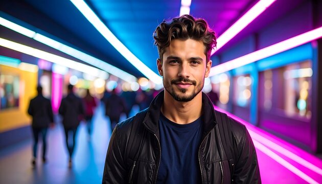 Man in urban neon tunnel