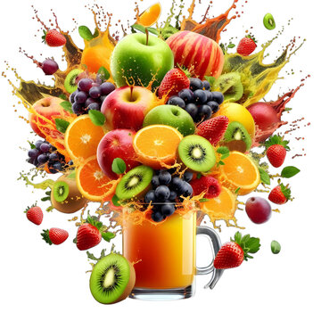 Colorful Explosion of Fresh Fruits in Juice Splash with Transparent Glass Mug &ndash; High Resolution 3000x3000
