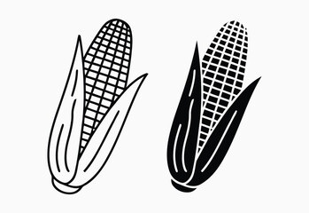Two stylized corn on the cob icons one outline and one solid black silhouette