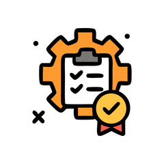 Illustration of a checklist, gear, and badge, symbolizing quality and approval.