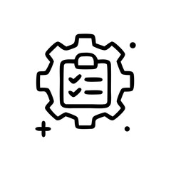 An icon representing a checklist on a clipboard, set within a gear shape, indicating process management or task completion.