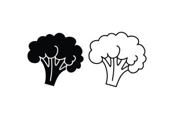 Simple black and white line art and silhouette icons of broccoli