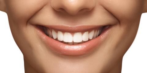 Closeup of a smiling Caucasian woman with perfect white teeth and glossy lips Concept of dental care, beauty, and healthy smile