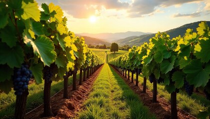 Fototapeta premium Sun-Drenched Grapes Ripening in Picturesque Wine Country Vineyard Lush Rolling Hills, Tranquil Rural Landscape