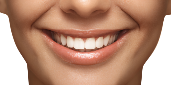 Closeup of a smiling Caucasian woman with perfect white teeth and glossy lips Concept of dental care, beauty, and healthy smile