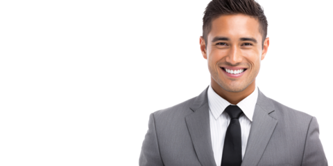 Confident Asian businessman smiling in grey suit with black tie Headshot of happy, successful young adult man in formal attire Concept of leadership, professionalism, and success