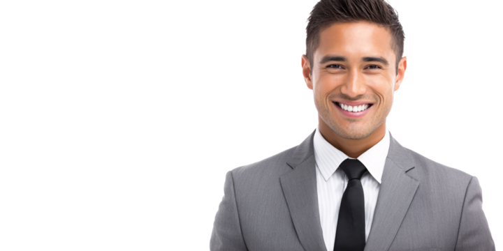 Confident Asian businessman smiling in grey suit with black tie Headshot of happy, successful young adult man in formal attire Concept of leadership, professionalism, and success