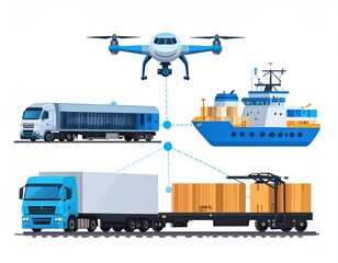 Transportation Concept Featuring Drone, Truck, Ship, and Cargo Management System