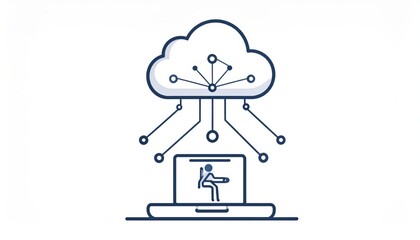 Cloud Computing Concept with Laptop and Data Connection in Minimalist Style Illustration