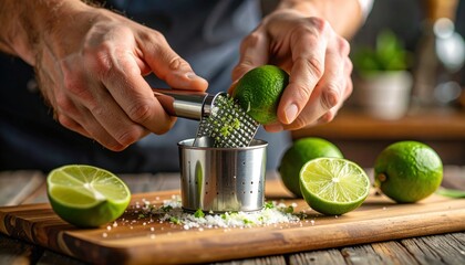 Hands Squeezing Lime With Metal Zester On Wooden Cutting Board