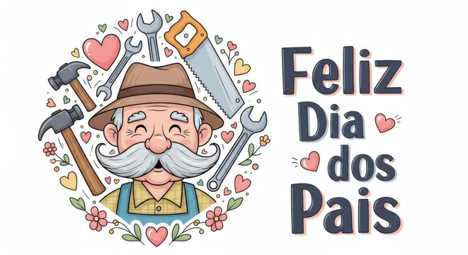 Smiling Elderly Father with Mustache and Tools Around for Father's Day Celebration Illustration, dia dos pais
