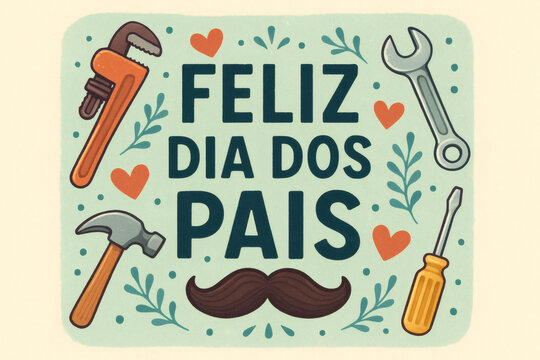 Fathers Day Cartoon Illustration with Tools, Mustache and Hearts for Father's Day Greeting and Celebration, dia dos pais - Powered by Adobe