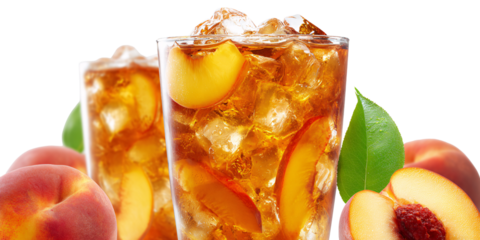 Refreshing iced peach tea in glass with ice cubes and peach slices Summer drink concept with fresh fruit and cool beverage for hot weather