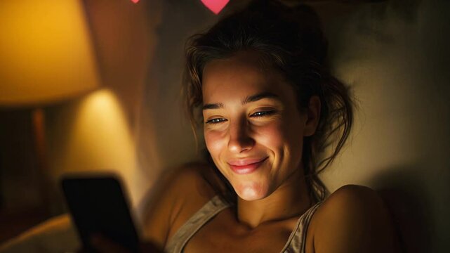 Young woman smiling at phone screen in bed with glowing hearts, illustrating addiction to likes and online dating.