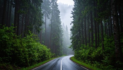 Rainy Forest Road Winding Through Trees
