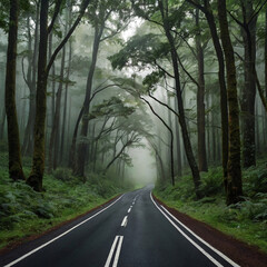 Obraz premium Winding road disappears into a misty forest with trees overhead