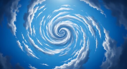 Swirling sky with white clouds forming a vortex, creating a dynamic and abstract celestial scene.