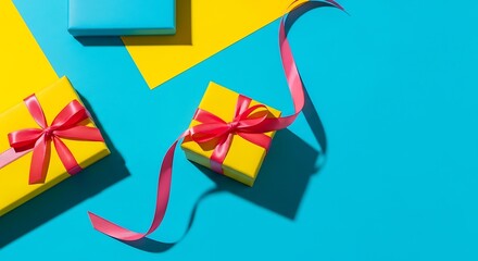 Colorful gift boxes with ribbons arranged on vibrant blue and yellow background.