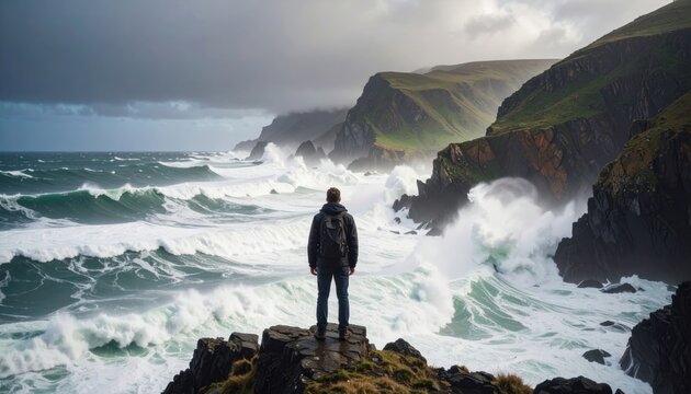 Man Standing On Cliff Amidst Stormy Ocean