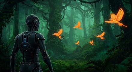 Fototapeta premium A metallic android observes luminous orange birds soaring through a dense, mystical forest.