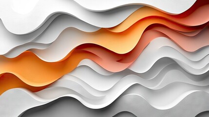 Abstract layered wavy shapes in shades of orange and gray.