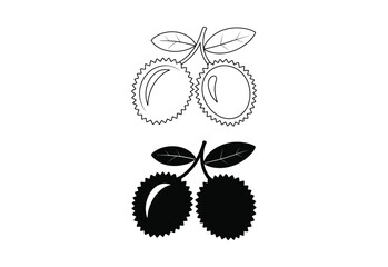 Two stylized lychee fruits with leaves in outline and silhouette on white background