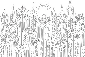 Obraz premium Cityscape with rooftop patios and gardens. Urban scene, isometric view. 