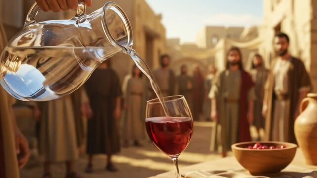 Wine and water: A biblical scene unfolds as water transforms into wine, symbolizing change and spirituality. a transformative act of faith and a moment of divine power, captured in an aged setting.