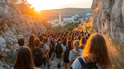 Diverse group hiking mountain path at sunset golden hour outdoor adventure