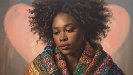 Fototapeta premium Woman draped in colorful shawl, thoughtful expression. 