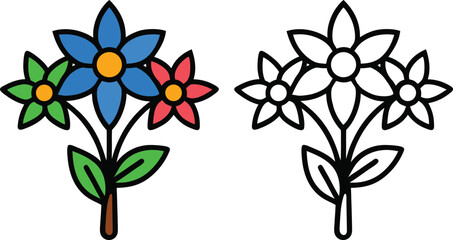 Colorful vector illustration of flowers with blue green and red petals and black outlines on white