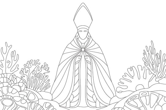 A figure in priestly robes, surrounded by coral-like forms.
