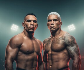 Epic Showdown: Two formidable athletes stand poised, their faces etched with determination under the bright stadium lights, ready for the fight of the year.