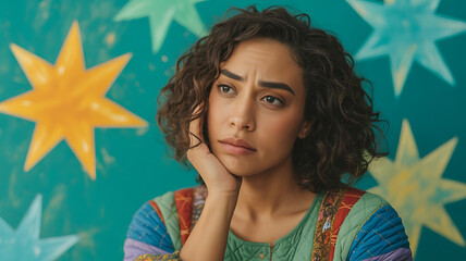 Woman with thoughtful expression, hand on cheek, against a teal background.
